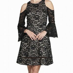 Eliza J Elegant Black Lace Cold Shoulder Dress Size 8 Original $173